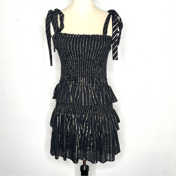 HOUSE OF HARLOW 1960 Tiered Ruffle Mini Dress Tie Shoulder Back Gold Size XS - Picture 1 of 10